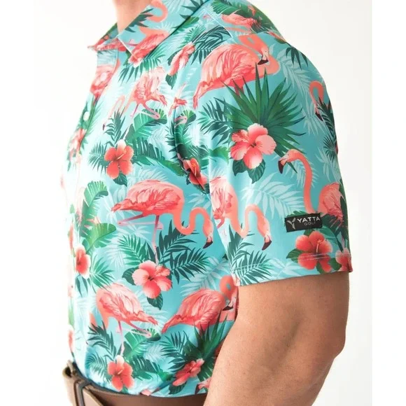 Yatta Polo Golf Shirt Mens MEDIUM Pau Hana Blue Performance Flamingo Hawaiian - Picture 3 of 7